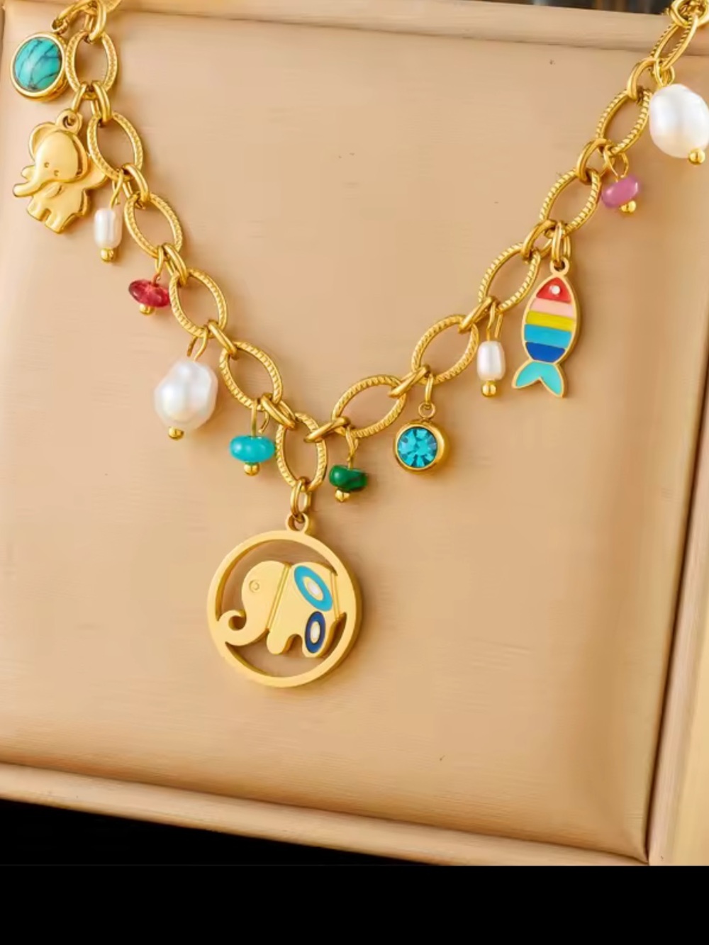 Stainless Steel Gold Multicolor Charm Necklace with Elephant & Fish